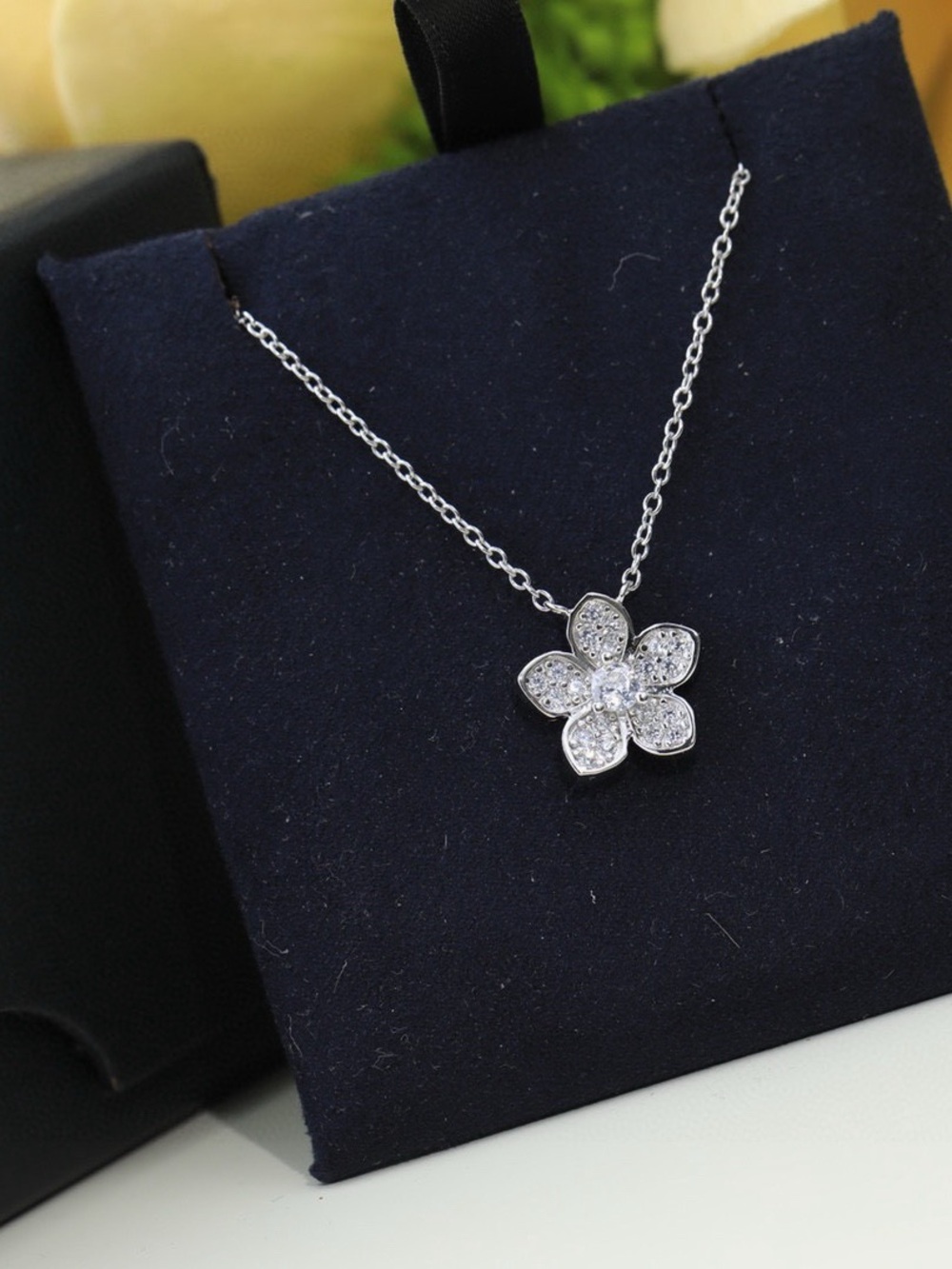 Sterling Silver Flower Pendant Necklace with Clear Crystals
